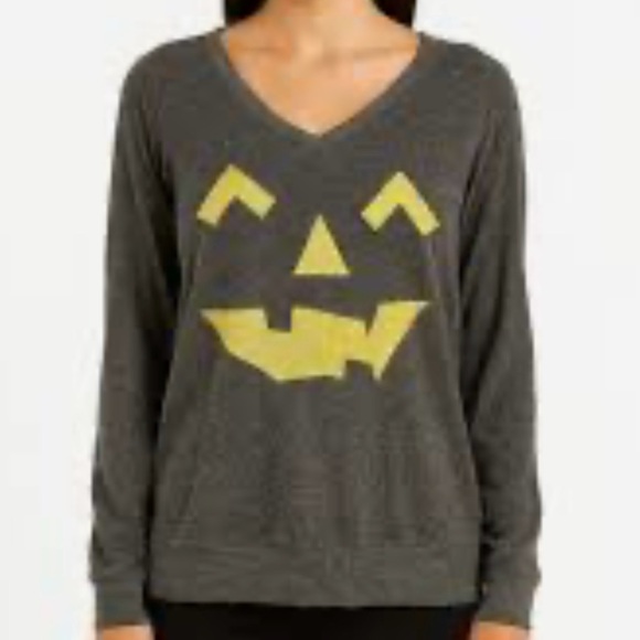 Wildfox Tops - Wildfox Jack-O-Lantern V-Neck Sweatshirt Halloween Pullover Gray Yellow Small